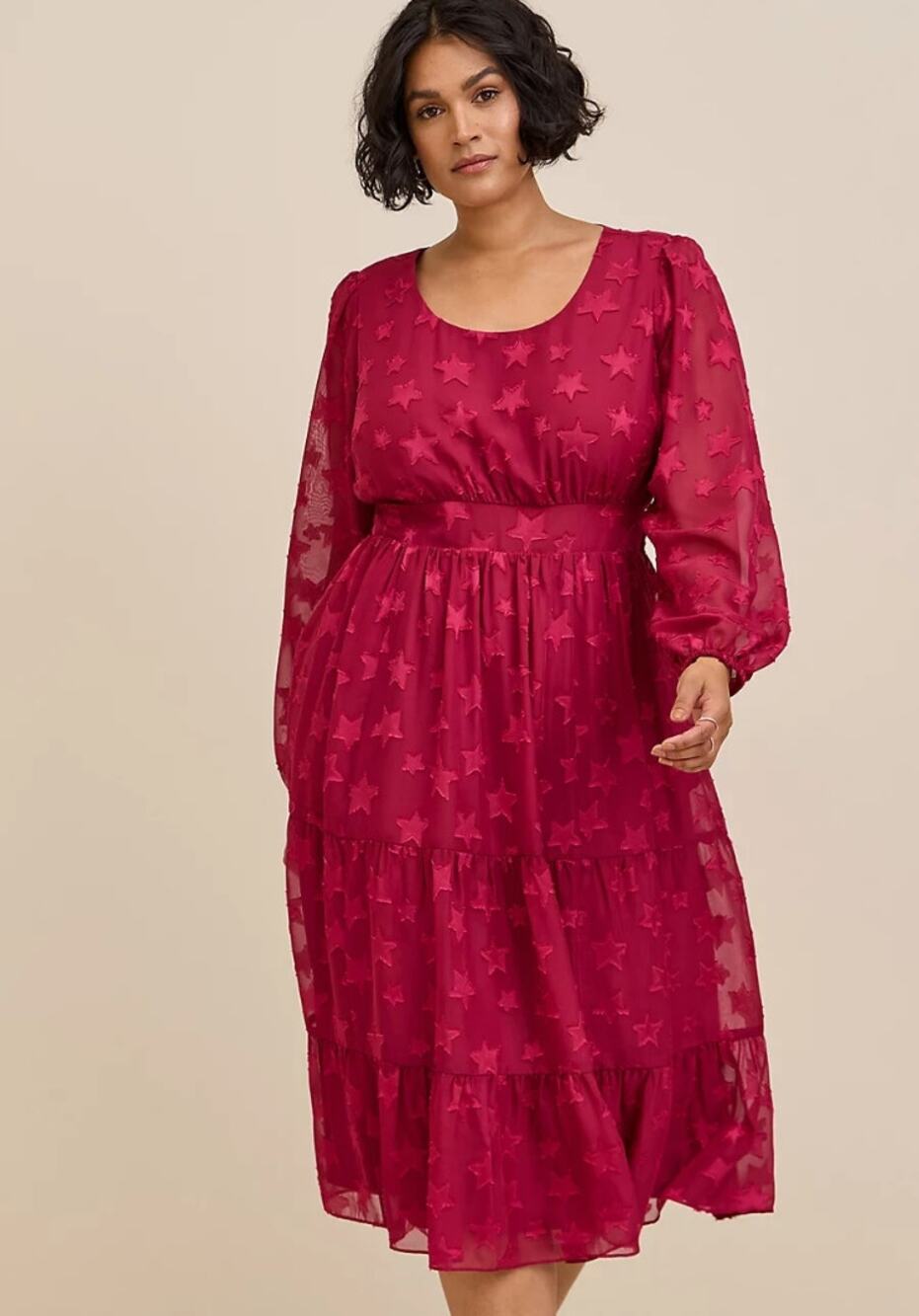 Torrid Red Dress All Over Star Applique Long Sleeve Flowy Sheer Plus Size 2X